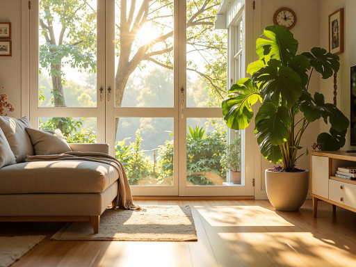 现代简约风格的室内空间，摆放着绿色植物和木质家具，阳光从窗户洒入，营造出温馨自然的氛围