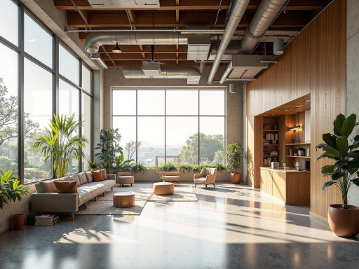 现代化的办公环境，宽敞明亮的空间，摆放着绿植和木质家具，营造出舒适自然的工作氛围