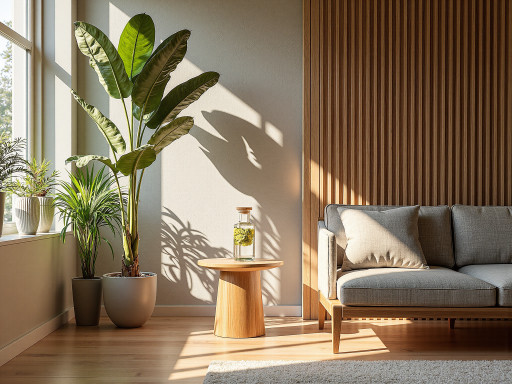 现代简约客厅，摆放着绿色植物和木质家具，阳光透过大窗户洒入室内，营造出温馨自然的居住环境