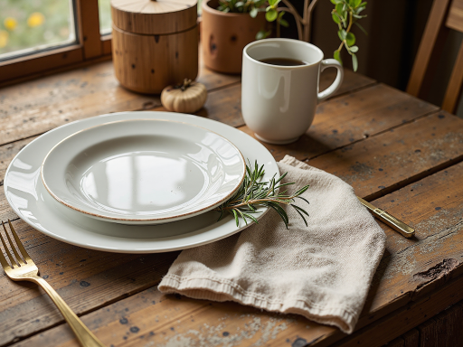 精致的餐桌布置，摆放着手工陶瓷餐具和新鲜水果，背景是简洁的厨房环境