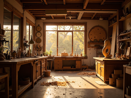 宽敞明亮的工作室，展示着各种手工艺品，墙上挂着自然主题的装饰画