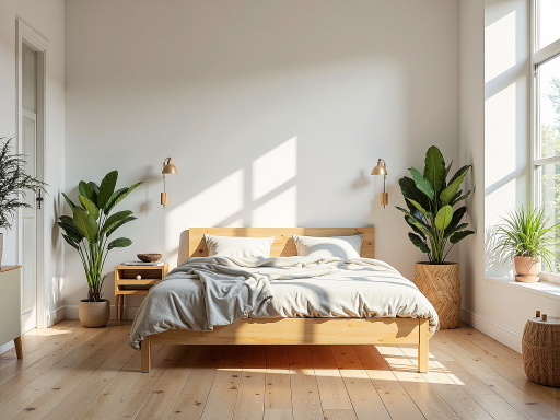 现代简约卧室，摆放着木质床头柜和绿色植物，营造出宁静舒适的休息环境