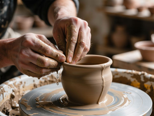 手工艺人正在制作陶瓷制品的工作场景，展示传统工艺的精湛技艺