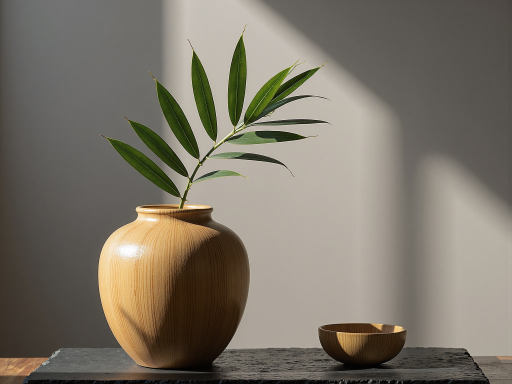 精美的手工陶瓷花瓶，表面有自然纹理，插着几枝绿叶，摆放在木制桌面上