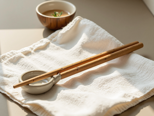 一组精美的竹制餐具，包括筷子、勺子和碗，摆放在木质托盘上