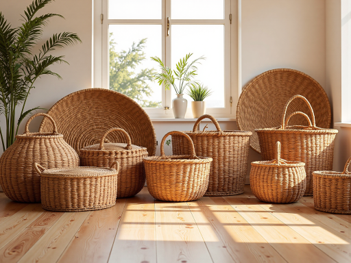 精美的手工编织篮子，采用天然藤条编织而成，内部放置干花装饰